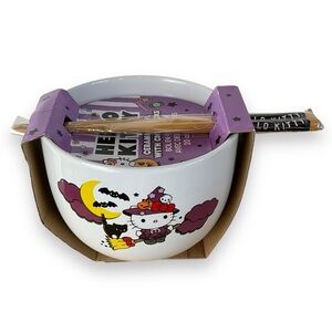 Sanrio Hello Kitty Ceramic Bowl Chopsticks Set Pumpkin Happy Halloween Black NWT